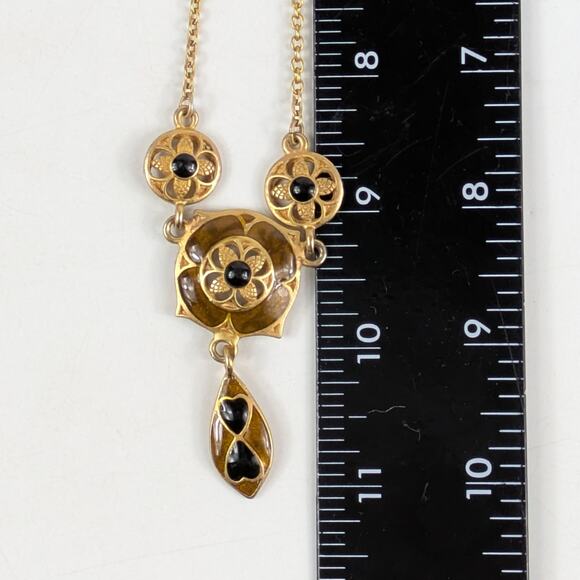 Vintage Gold Tone Drop Pendant Necklace Black Glass Inlay Art Deco Revival 11" - Picture 6 of 8